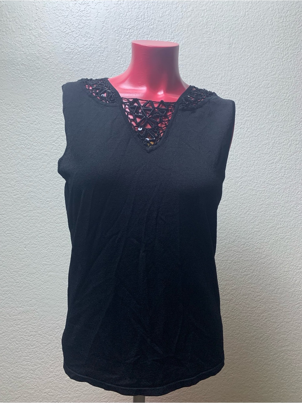 Vintage 90s Versailles Black Knit Tank Top Y2K Embellished Beaded Crochet